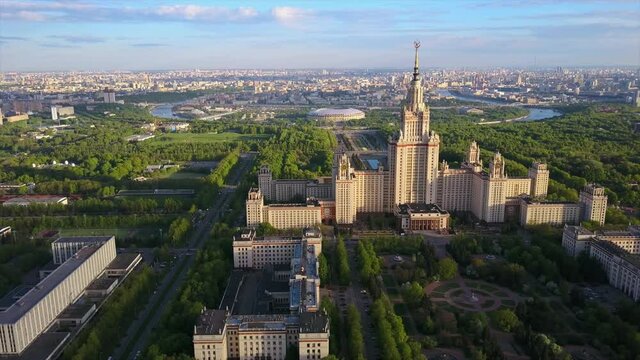 sunset evening moscow state university sparrow hills aerial flight over panorama 4k russia
