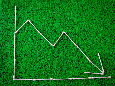 Cotton ear sticks arranged as a Increase and decrease graph on green background. Business concept