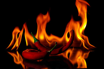 Red pepper on fire with reflection