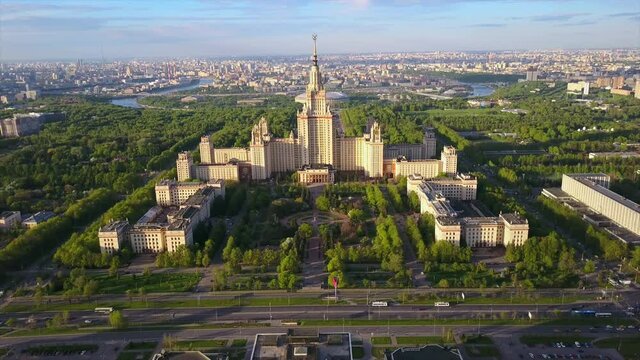 moscow state university sparrow hills aerial sunset flight over panorama 4k russia