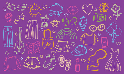 Cute teenage woman stuff graphic vector in doodle style.