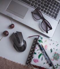 Flatlay Freelance. remote work. Laptop, coffee, morning