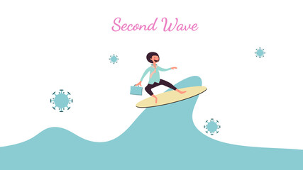 Second wave outbreak concept, coronavirus covid-19 and second wave alphabet isolate on white background, businessman smiling and play surf, pink cheek character holding office bag, vector illustration