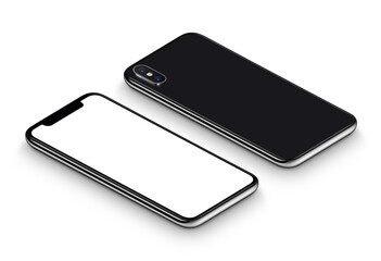 Perspective black smartphone mockup. Frameless smartphone front side and back side isometric view lying on surface. Smartphone with shadow Isolated on white background.