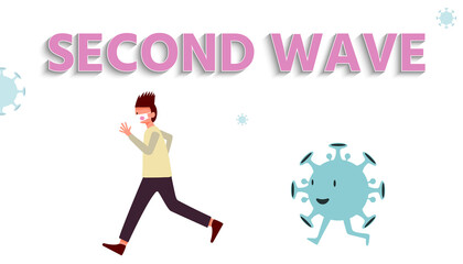 Cute character running away from virus, second wave alphabet isolated on white background, pink cheek character, relaxing pastel color, vector illustration for graphic design, website or banner