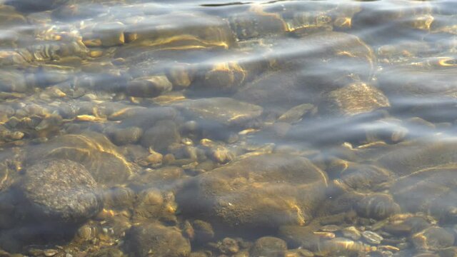 Play of Sun light on the stones under water, shot at Murti river, Dooars, West Bengal, India. Abstract nature footage.