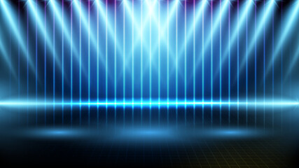 abstract futuristic background of blue empty stage and neon lighting spotlgiht stage background