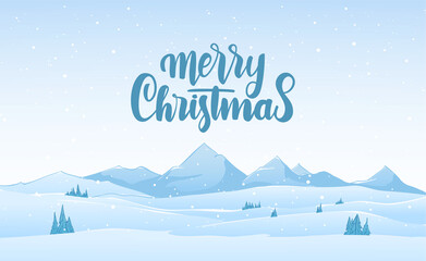 Blue mountains winter snowy landscape with hand lettering of Merry Christmas