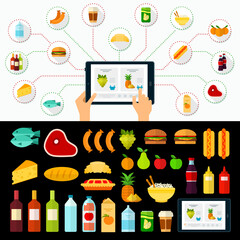 Selection and Ordering food at home via mobile application vector set illustration.