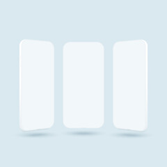 Three smartphones vector mockup. Trendy clay mobile phones with blank screen for design app.