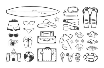 Hand drawn set of Summer sea vacation elements. Sketch design