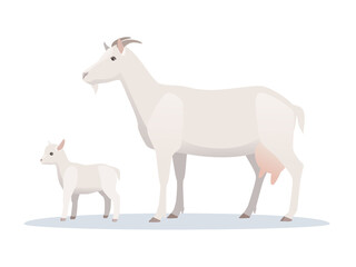 Naklejka premium Vector illustration of goat with young goatling. Farm animals, domestic small cattle adult and young.