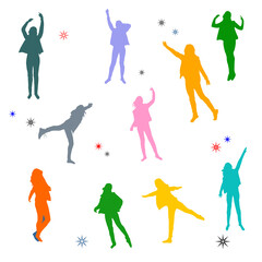 Abstract seamless pattern with images of silhouettes of multi-colored female figures in dance. Vector on a white background with little stars