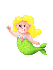 Cartoon mermaid with yellow hair. Children's watercolor illustration of a fairy-tale character. Body positive girl. Stock image isolated on a white background. Cute print.