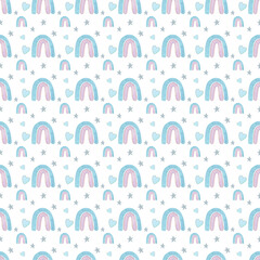 Watercolor cute children's seamless pattern with a rainbow, stars and hearts on a white background. Delicate, soft colors. For fabrics, Wallpaper, invitations, postcards.