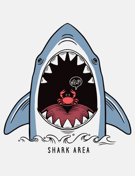 Hand drawn vector shark illustration with a cute crab  for t-shirt prints, posters and other uses.