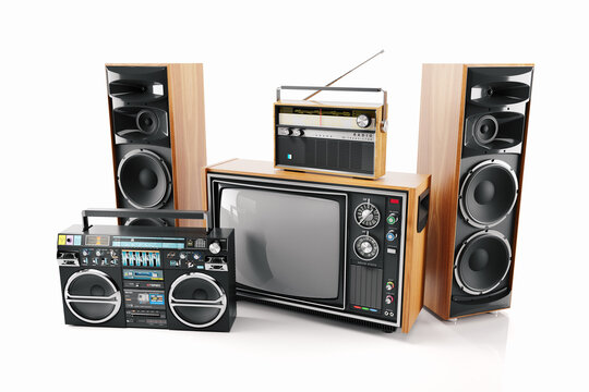 Retro TV, radio, tape recorder and loudspeakers. Old electronics devices. 3d