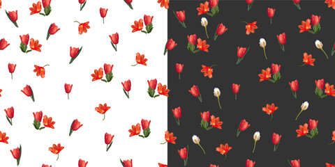 Floral double set. Seamless vector isolated pattern with bouquets of tulips. Trendy art style on a white and dark gray background. Spring, summer field plants for the design of backgrounds, textiles