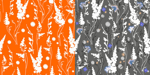 Floral double set. Seamless vector isolated single pattern. Trendy art style on an orange and gray background. Spring, summer field plants for the design of backgrounds, textiles, wallpaper, postcards