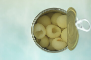 Close up of Open longan canned. Canned goods non perishable food