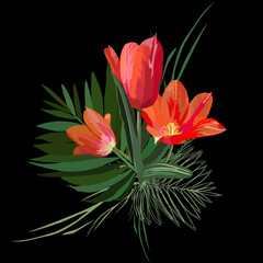 Floral vector isolated single bouquet of palm tropical leaves and tulips. Trendy art style on a black background. Spring, summer, bright and seasonal plants for decoration of backgrounds, textiles