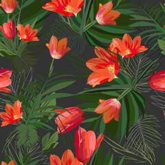 Floral abstract vector seamless tropical pattern with palm tree and tulips. Trendy art style on a dark background. Seasonal, bright, summer plants for travel and decoration of backgrounds, textiles