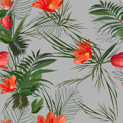 Floral abstract vector seamless tropical pattern with palm tree and tulips. Trendy art style on a gray background. Seasonal, bright, summer plants for travel and decoration of backgrounds, textiles