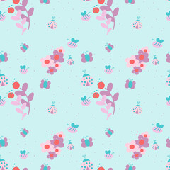 Seamless pattern contain flowers, ladybugs, bees and butterflies on baby blue background