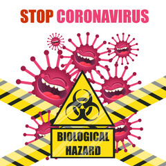 Do Not Cross the Line with Biological Hazard Symbol of Cute 2019 MERS-nCoV (Middle East Respiratory Coronavirus Syndrome-Novel Coronavirus). Design Concept for Protection against Viral Pandemic
