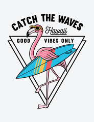 Surfer flamingo vector illustration for t-shirt prints and other uses. © cddesign.co