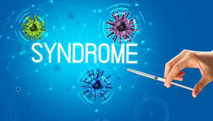 Syringe, medical injection in hand with SYNDROME inscription, coronavirus vaccine concept