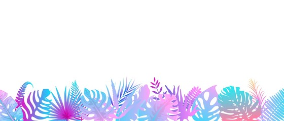 Pink turquoise fern background. Horizontal decoration of alien rainforest in the sunshine, floral botanical background with elegant brightly colored fern leaves, wild natural lawn in saturated vector.