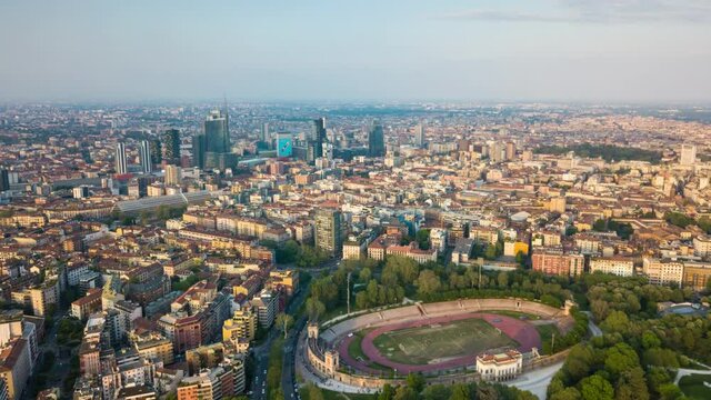 sunny day milan city park stadium aerial panoramic timelapse 4k italy