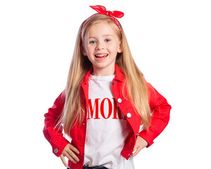 Beautiful European blonde girl in red smiles on a white background. Portrait of a beautiful child. Happy child.