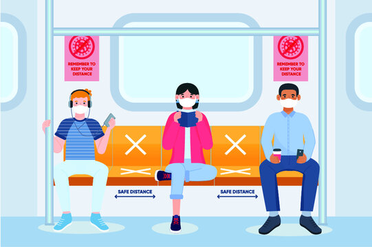 Social distancing in public transport. People in subway, male and female characters with protective masks on faces. Humans sitting in metro. Coronavirus pandemic.