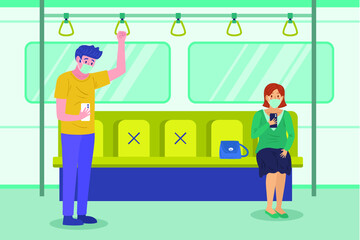 Social distancing concept with people wearing medical masks on subway train. keep spaces between each chairs make separate for social distancing to avoid spreading illness corona virus.