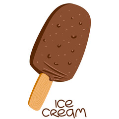 Vector chocolate ice cream on a stick in a flat style on a white background. Stock illustration for packaging, ice cream labels, discount flyers, stocks and sweets design. Dessert on a white isolate.