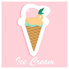 vector illustration ice cream balls with mint in waffle cone. summer colors sticker for your design