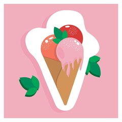 vector illustration melting ice cream balls with mint. delicious sticker for your design.