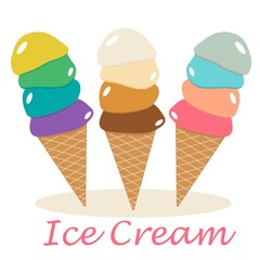 vector illustration set ice cream balls in waffle cone. different tastes, different colors.