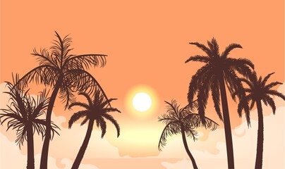 Sunset in cloudy haze silhouettes of palm trees. Tropical beach in orange fog background setting sun beautiful paradise coast resort romantic lagoon with exotic vector evening.