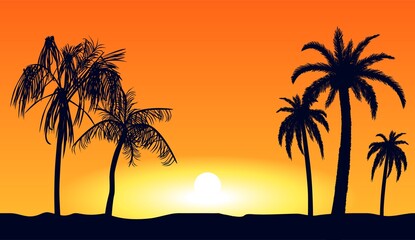 Obraz na płótnie Canvas Orange tropical sunset silhouettes of palm trees. Tropical beach on background yellow setting sun beautiful paradise coast resort romantic lagoon with exotic vector evening.