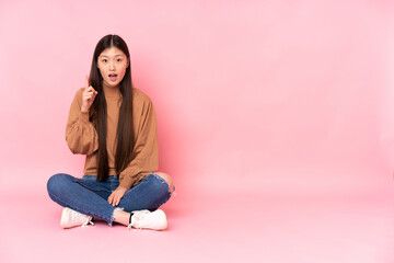 Obraz na płótnie Canvas Young asian woman sitting on the floor isolated on pink background thinking an idea pointing the finger up
