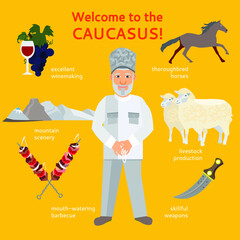 The Caucasus vector illustration. Set the sights of the Caucasus. The South Of Russia. Character nationality