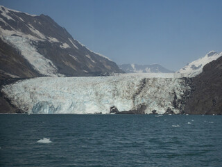Glacier and mountain range view from cruise ship. Prince William Sound, Alaska, USA.