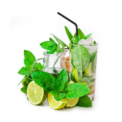 Cocktail mojito with mint leaves, lime and ice isolated on a white background.