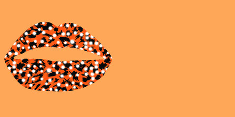 Panorama design of a leopard print lips on orange background panoramic web banner 