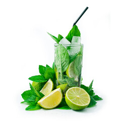 Cocktail mojito with mint leaves, lime and ice isolated on a white background.
