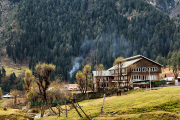 Fototapeta premium Tourist Hotel at Aru Valley Near Pahalgam, Kashmir, India