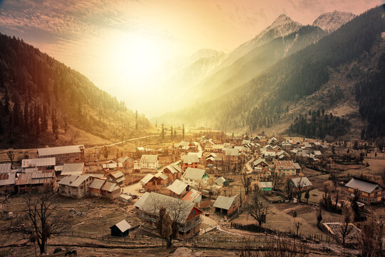 Morning view of a town at Aru Valley near Pahalgam, Kashmir, India